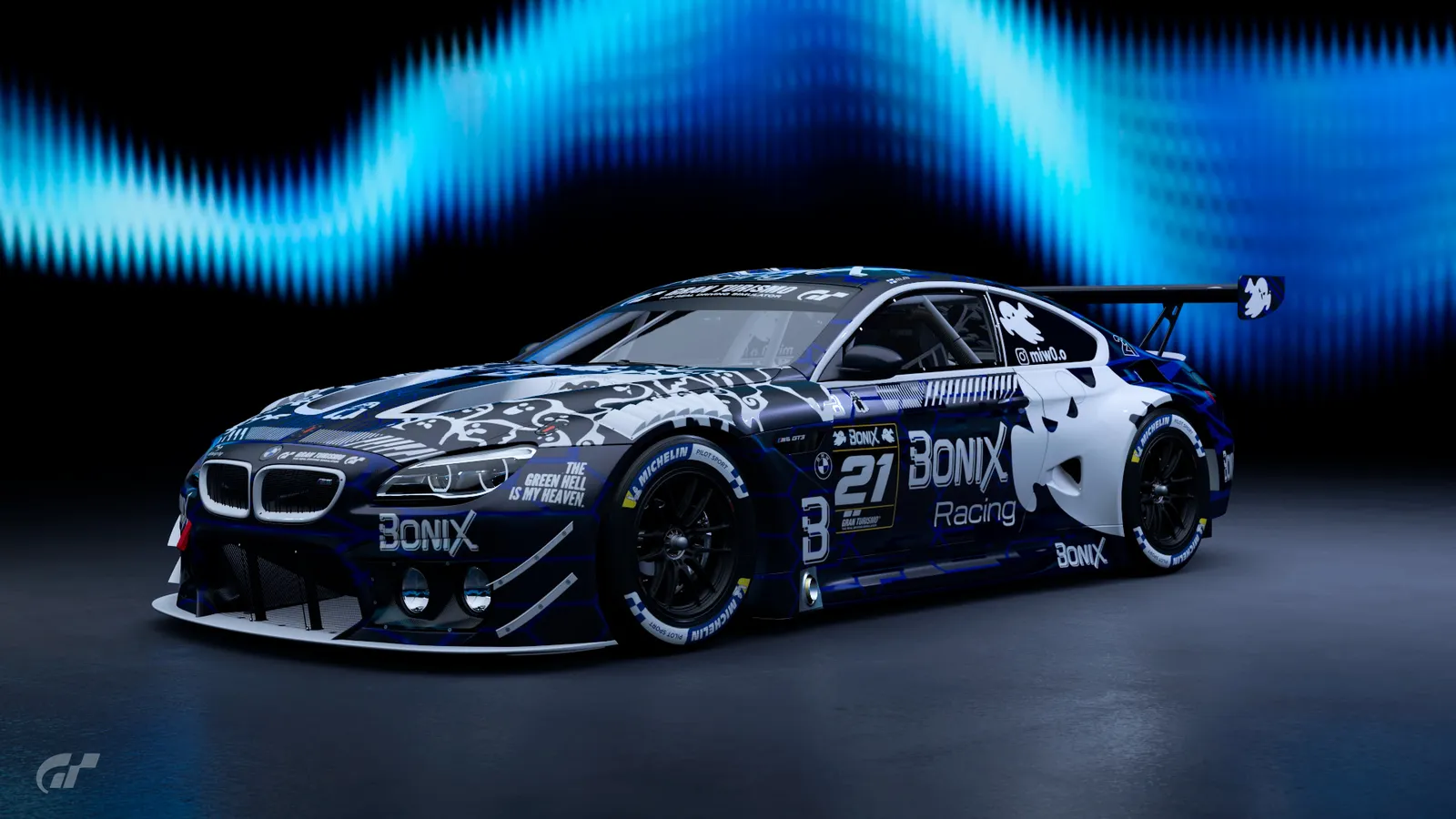BMW M6 GT3 in the navy, blue and white Bonix Racing livery, number 21